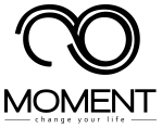 Logo with an infinity symbol and the text 'MOMENT change your life'